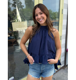 glam Halter Neck Sleeveless Back Neck Tie Ruffle Top (Navy)