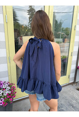 glam Halter Neck Sleeveless Back Neck Tie Ruffle Top (Navy)
