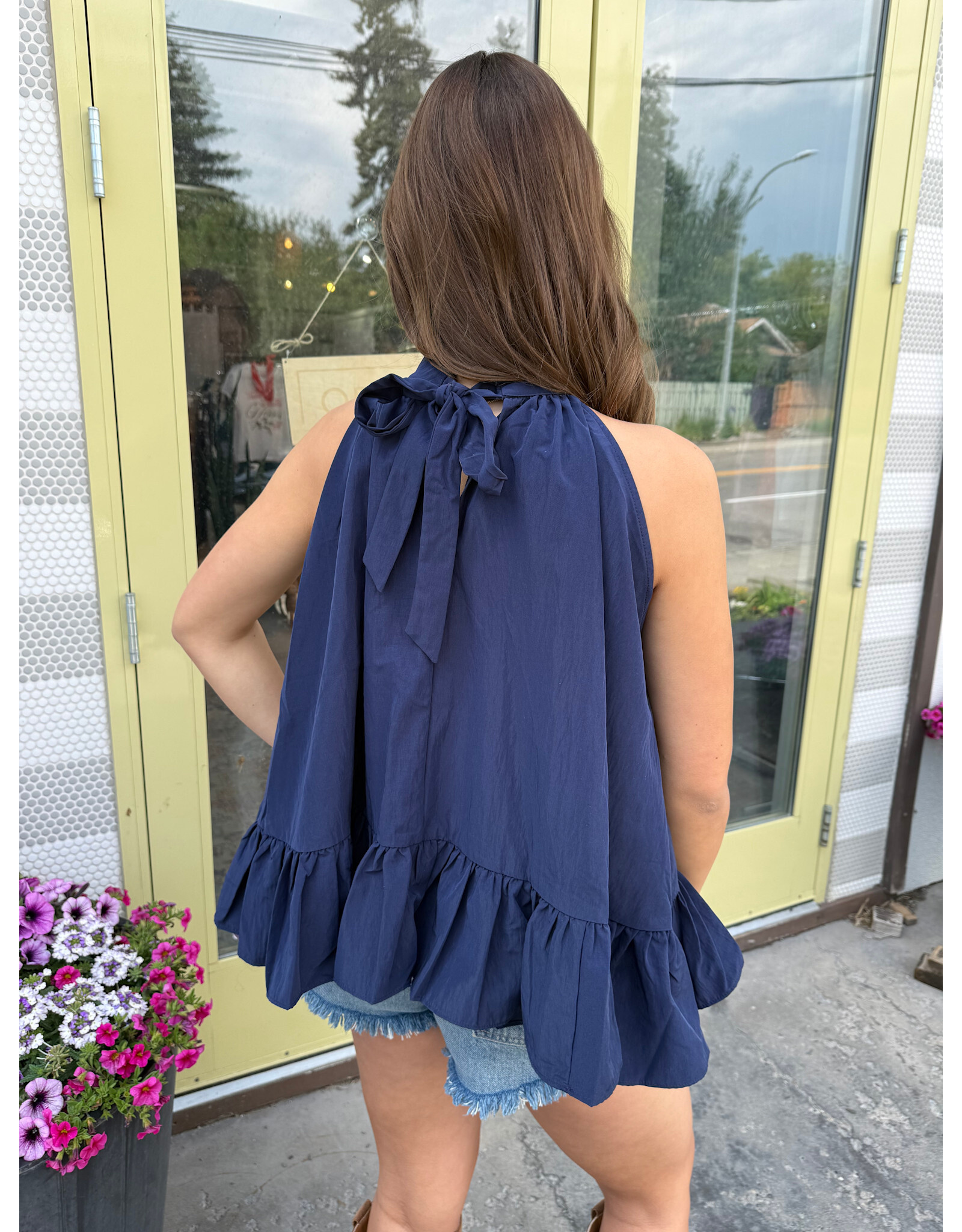 glam Halter Neck Sleeveless Back Neck Tie Ruffle Top (Navy)