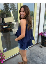 glam Halter Neck Sleeveless Back Neck Tie Ruffle Top (Navy)