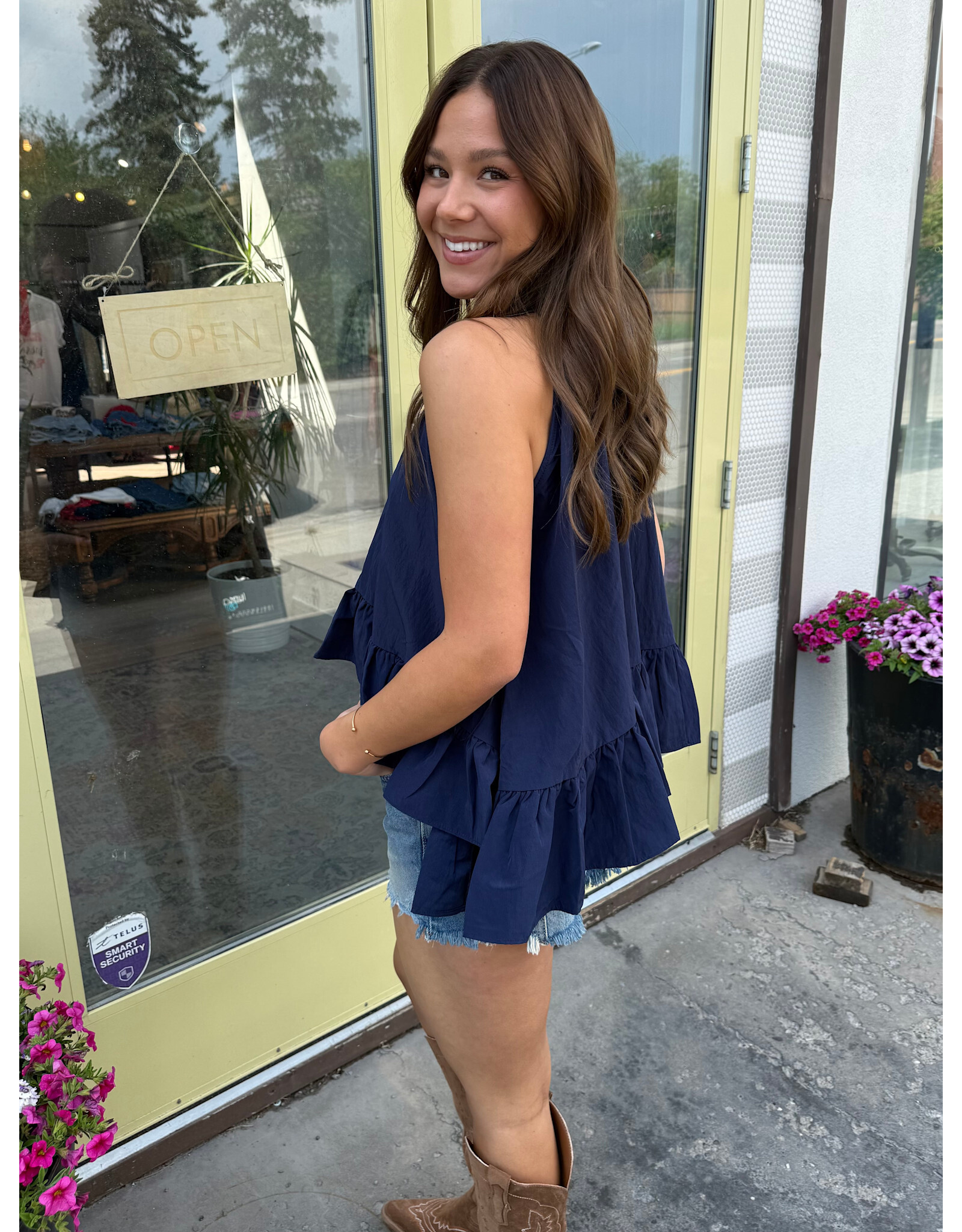 glam Halter Neck Sleeveless Back Neck Tie Ruffle Top (Navy)