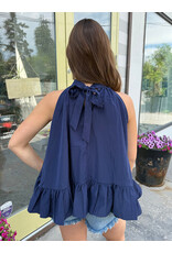 glam Halter Neck Sleeveless Back Neck Tie Ruffle Top (Navy)