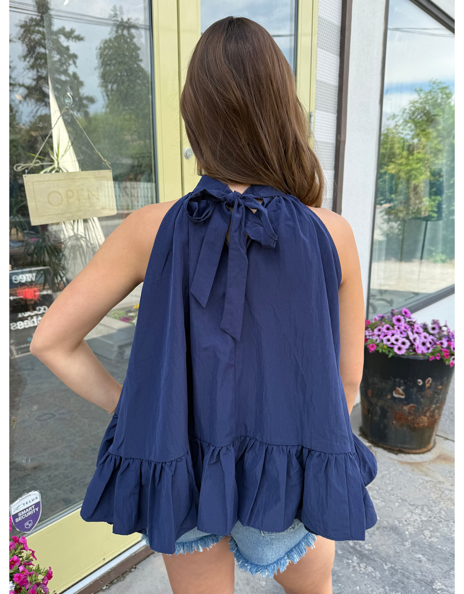glam Halter Neck Sleeveless Back Neck Tie Ruffle Top (Navy)