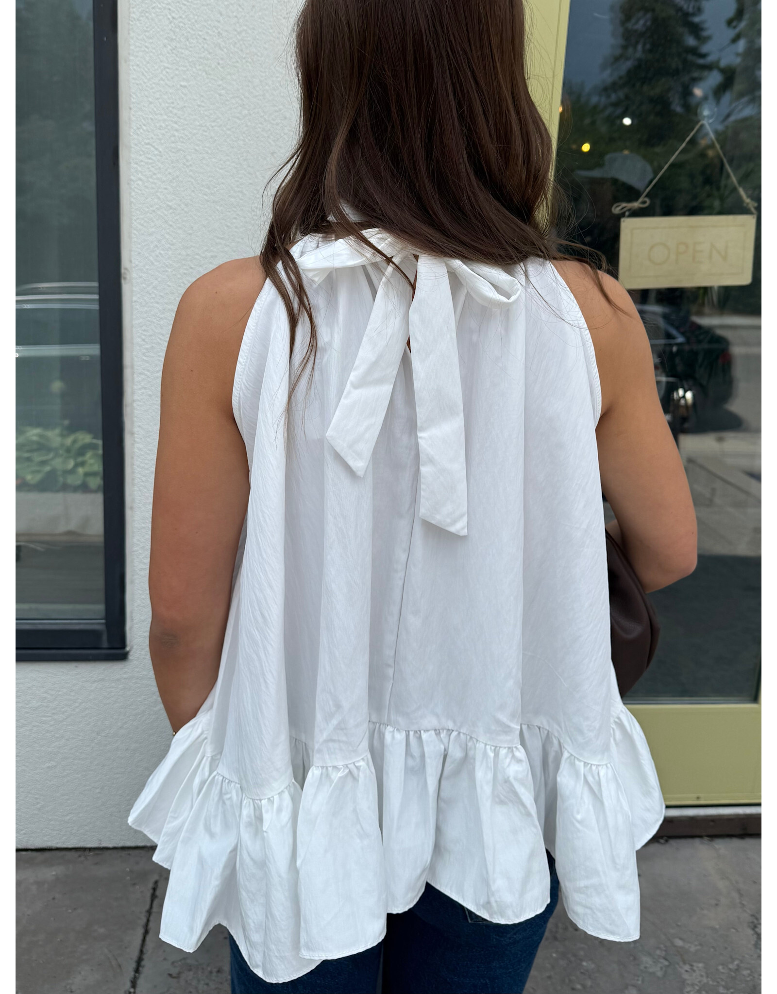 glam Halter Neck Sleeveless Back Neck Tie Ruffle Top (White)