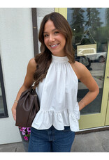 glam Halter Neck Sleeveless Back Neck Tie Ruffle Top (White)
