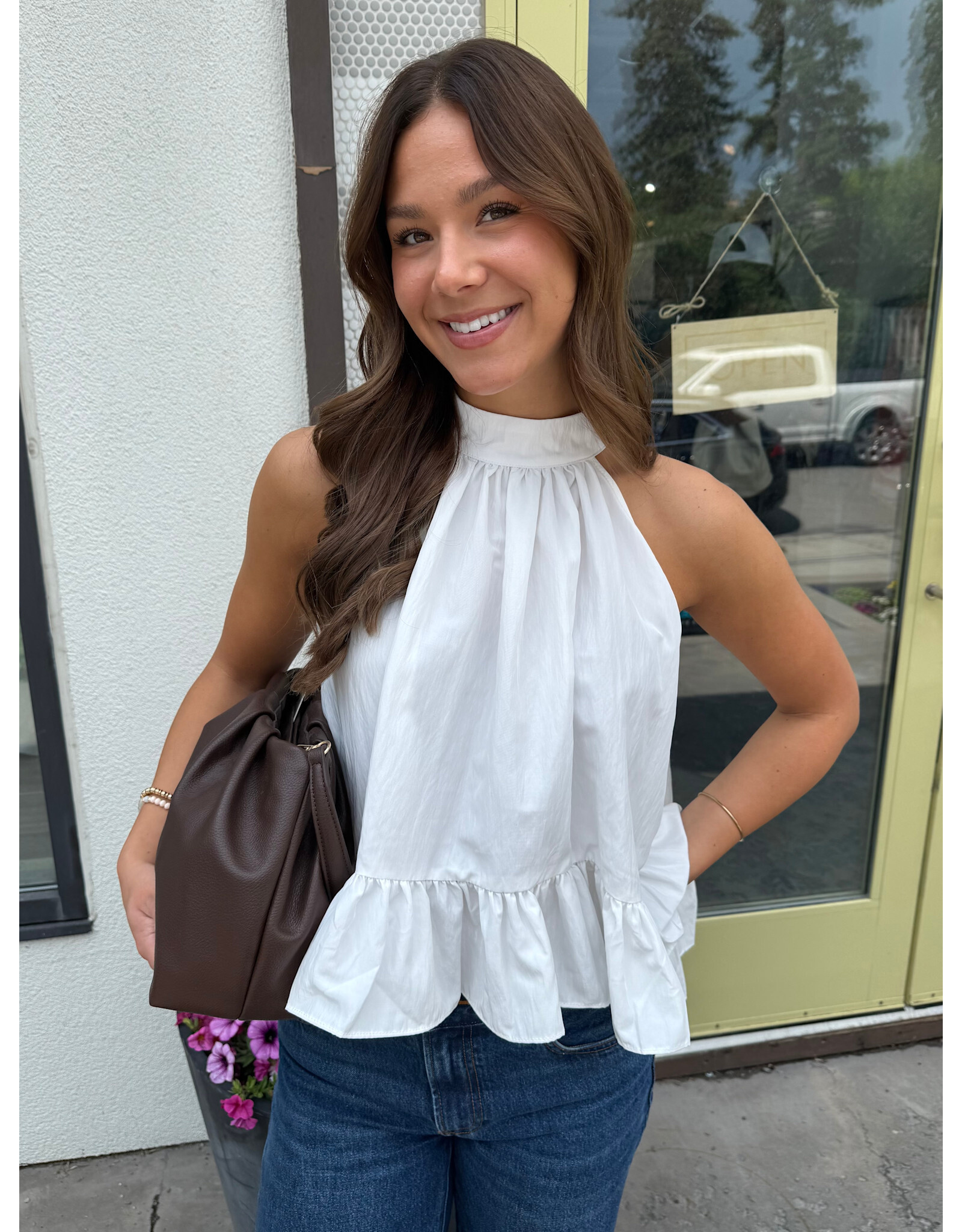 glam Halter Neck Sleeveless Back Neck Tie Ruffle Top (White)