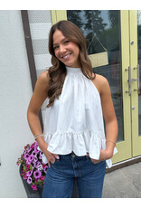 glam Halter Neck Sleeveless Back Neck Tie Ruffle Top (White)