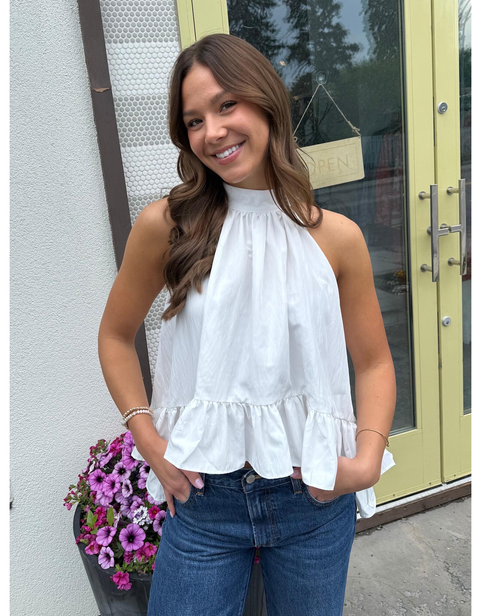 glam Halter Neck Sleeveless Back Neck Tie Ruffle Top (White)