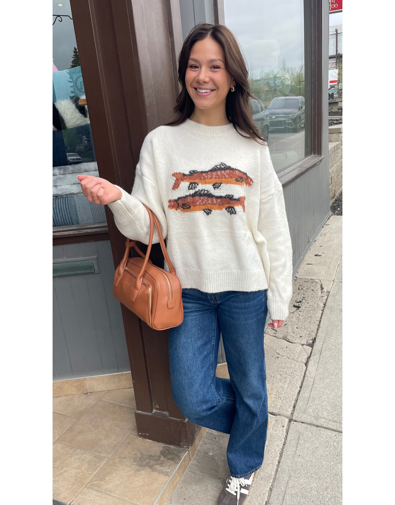Bailey Rose Trout Graphic Knit Sweater (Cream)