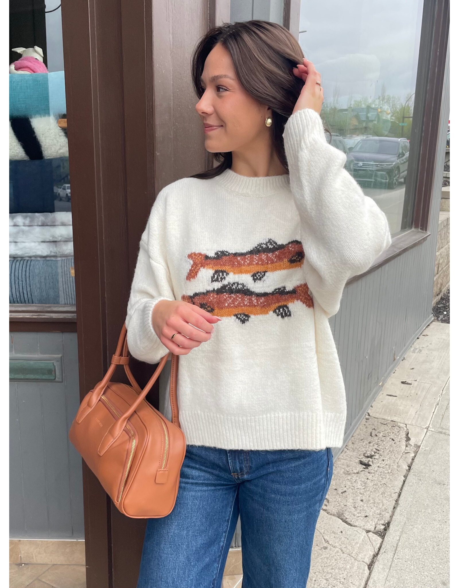 Bailey Rose Trout Graphic Knit Sweater (Cream)
