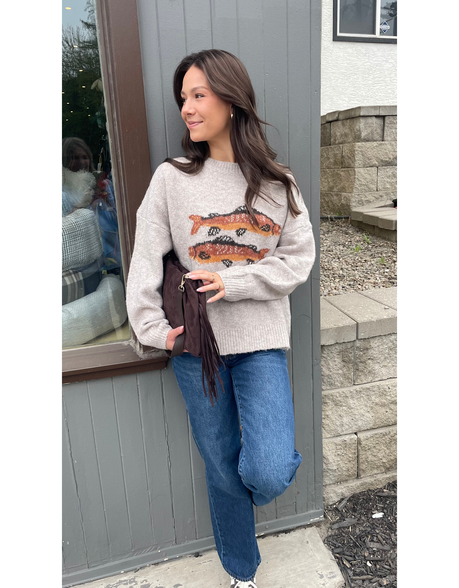 Bailey Rose Trout Graphic Knit Sweater (Oatmeal)