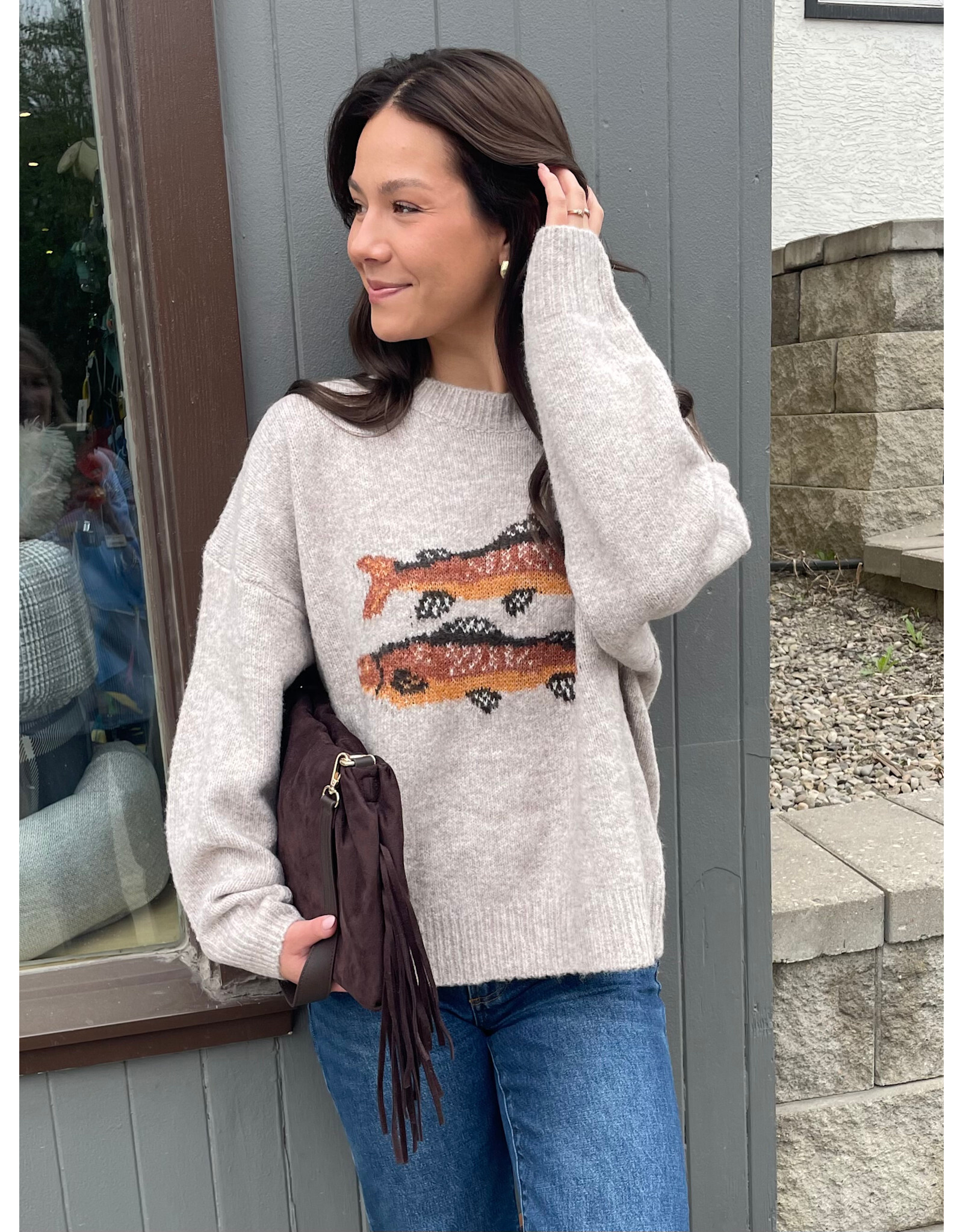 Bailey Rose Trout Graphic Knit Sweater (Oatmeal)