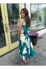 glam Floral Print Sleeveless Top with Bubble Hem (Turquoise)