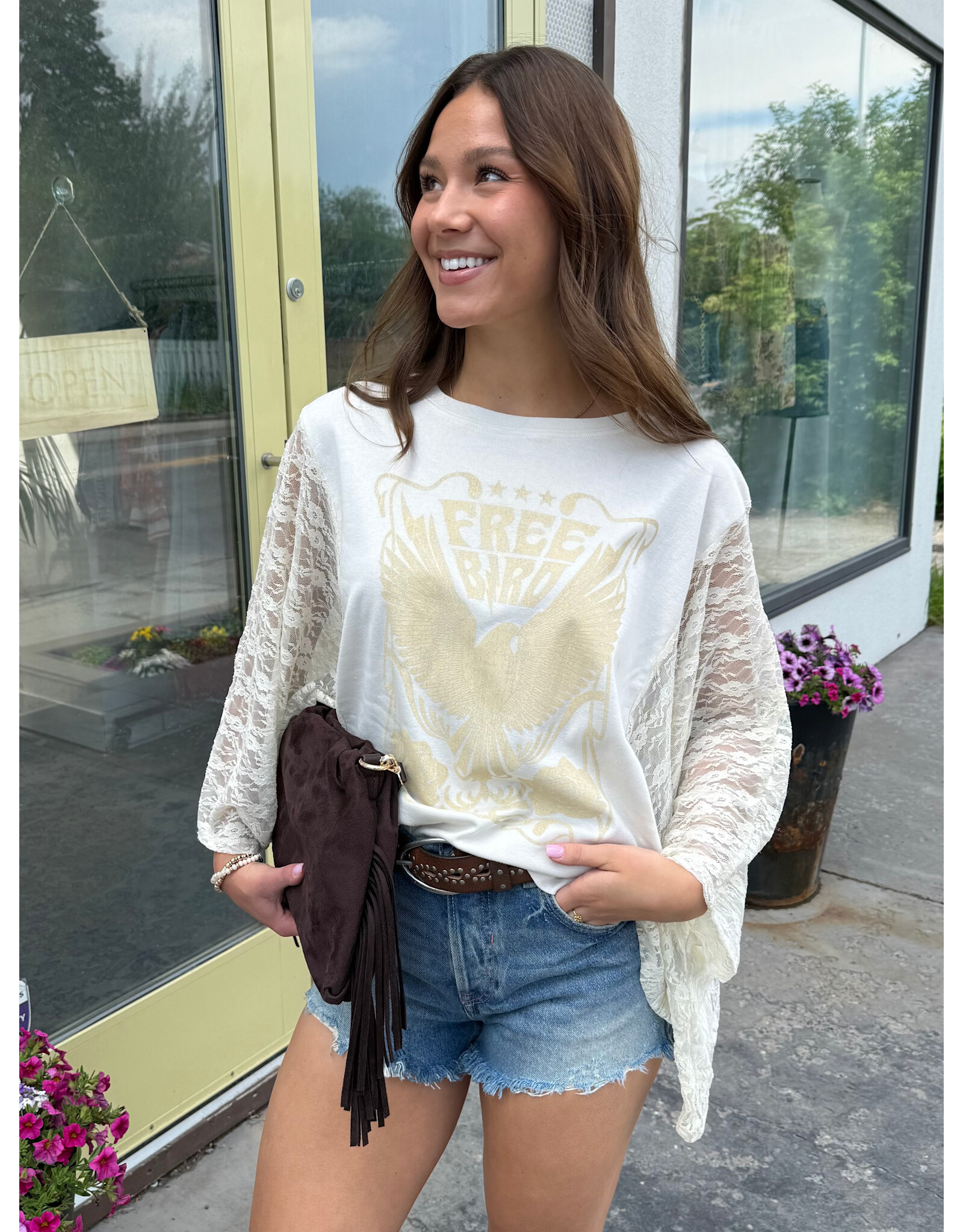 Zutter Free bird vintage graphic relaxed kaftan top w/lace sleeves (Bone)