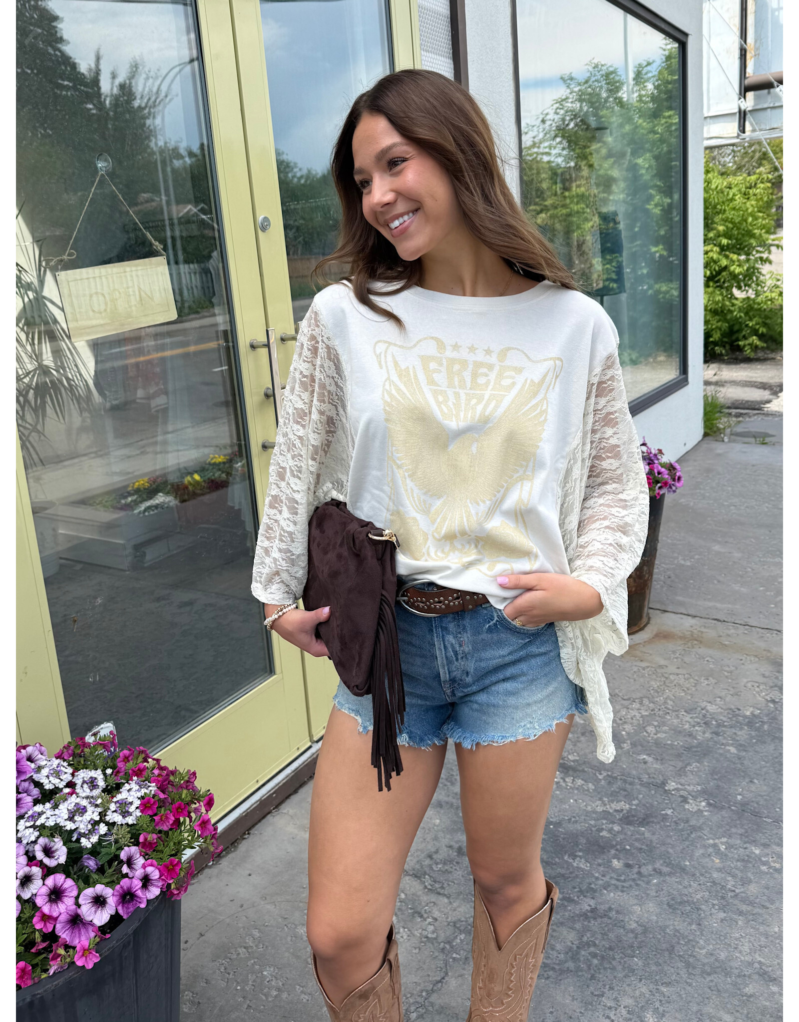 Zutter Free bird vintage graphic relaxed kaftan top w/lace sleeves (Bone)