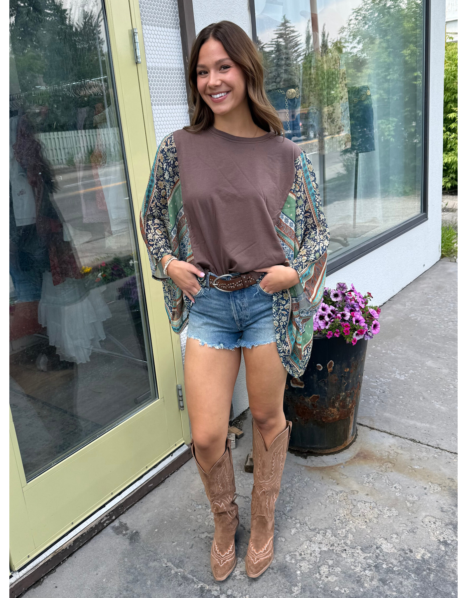 Zutter Boho Contrast Poncho Top (Brown)