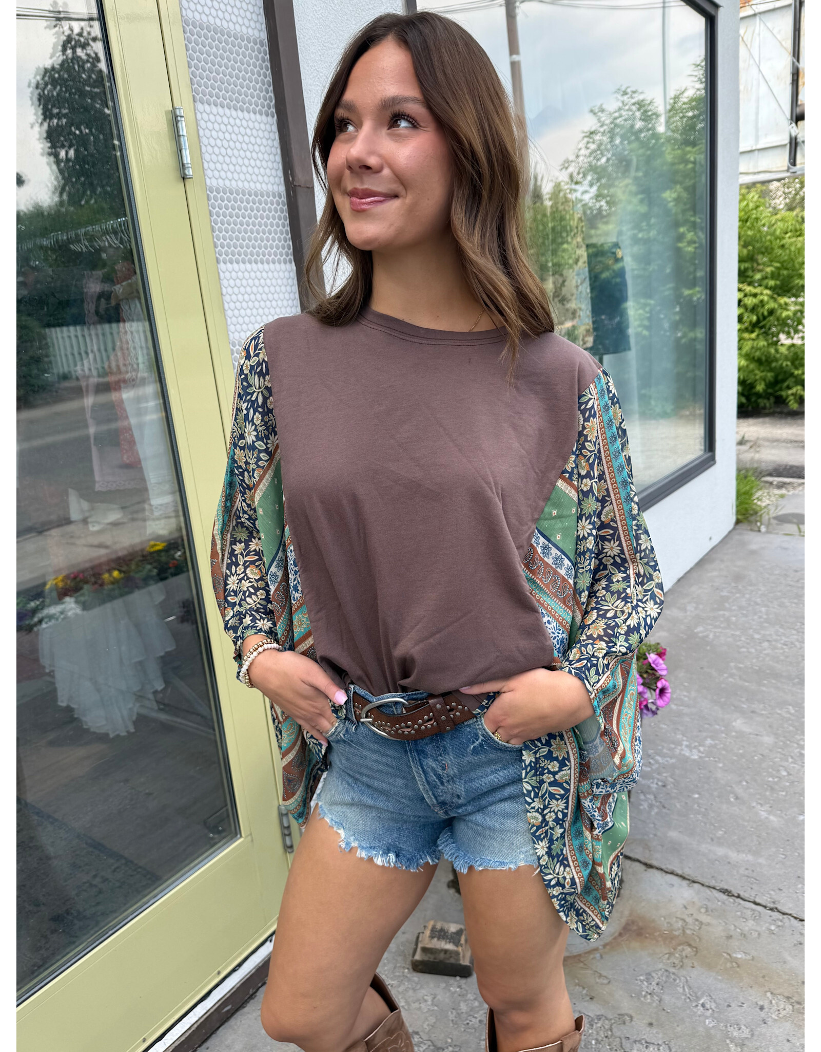 Zutter Boho Contrast Poncho Top (Brown)