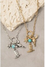 Fame Accessories Western Bull Skull & Boot Charm Paperclip Chain Necklace
