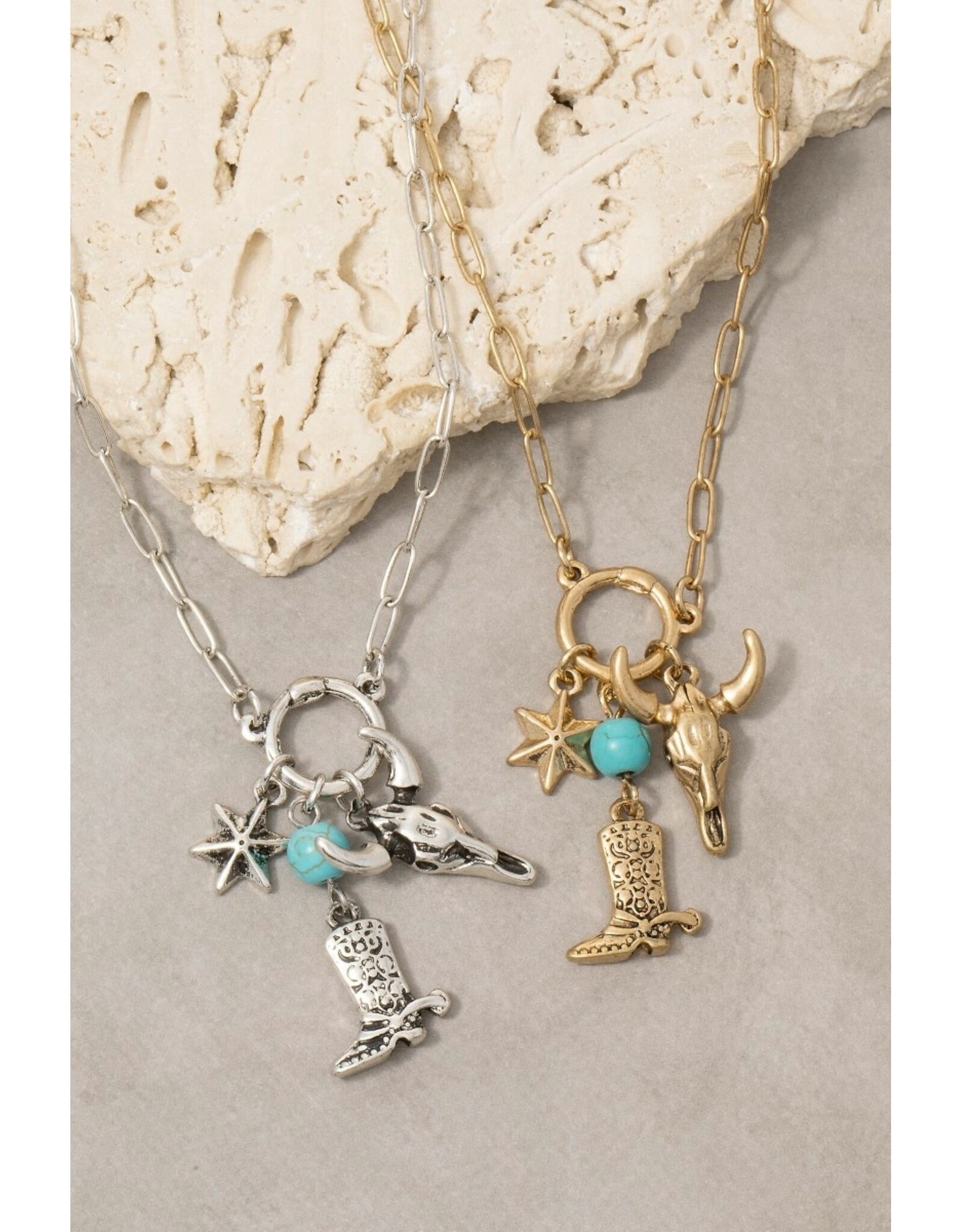 Fame Accessories Western Bull Skull & Boot Charm Paperclip Chain Necklace