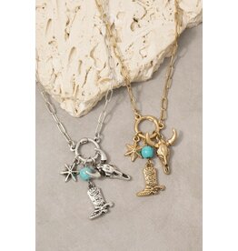 Fame Accessories Western Bull Skull & Boot Charm Paperclip Chain Necklace