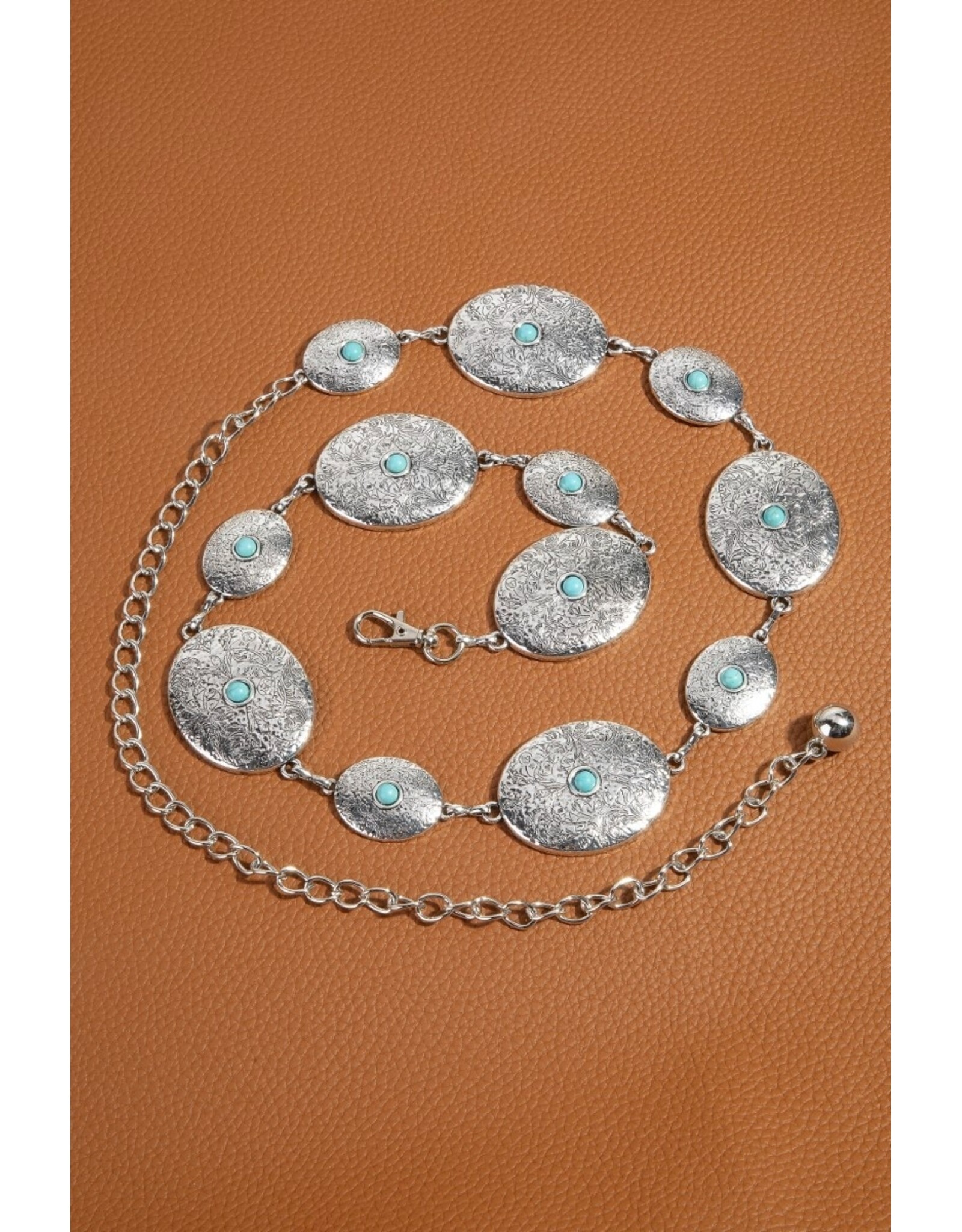 Fame Accessories Textured Engraved Oval Western Concho Chain Belt (Silver)