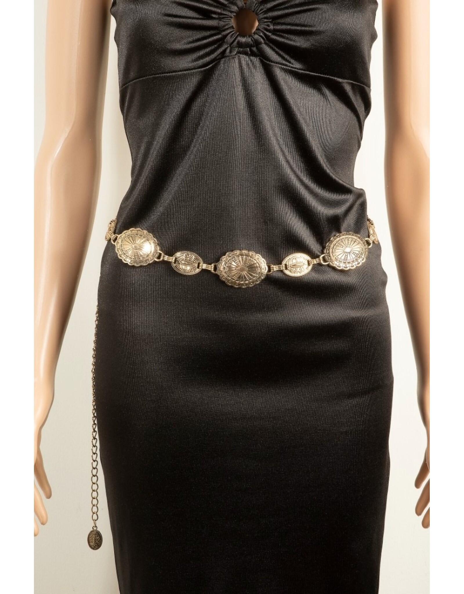 Fame Accessories Western Abstract Pattern Concho Chain Belt (Gold)