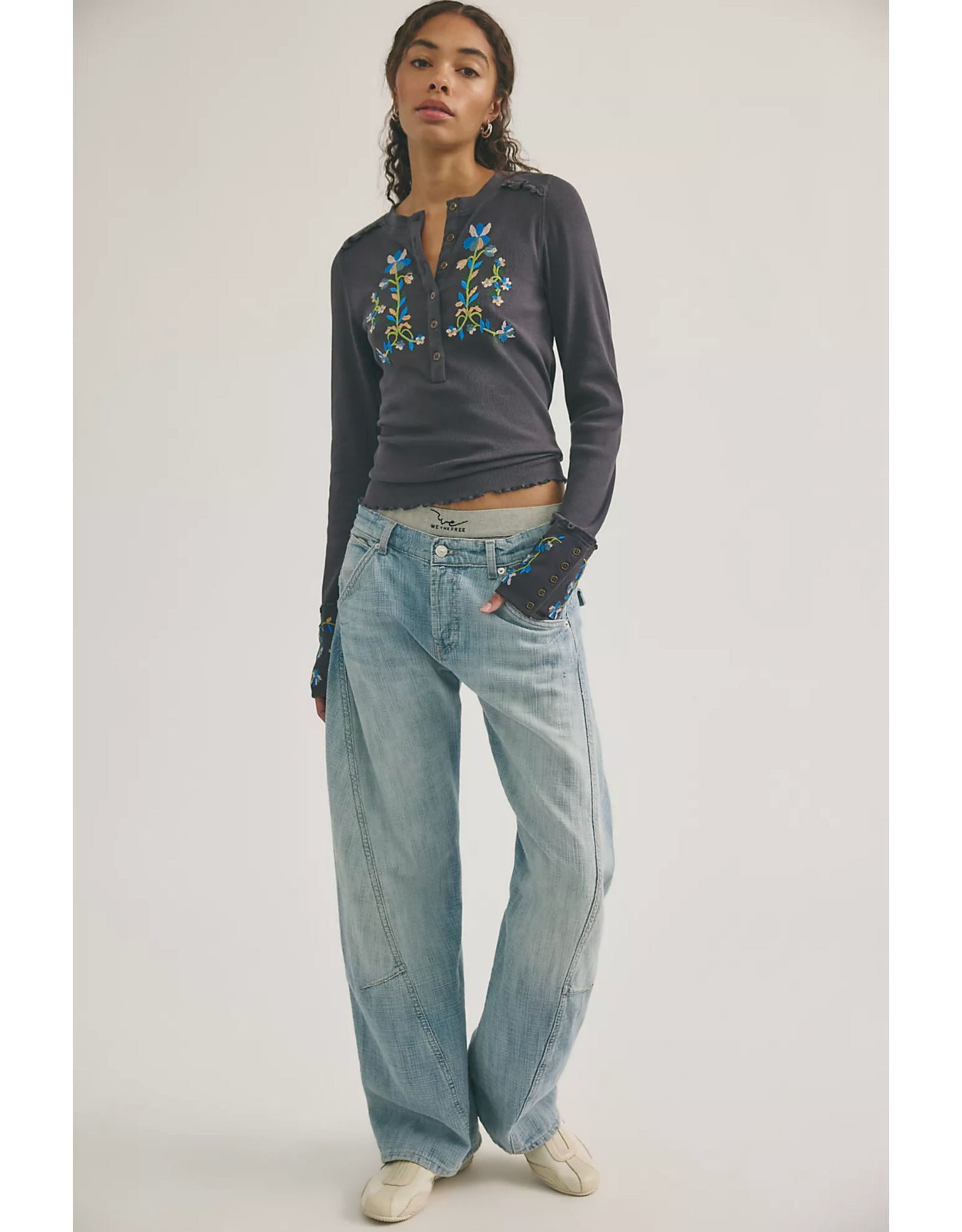 Free people Free People -  Fleur Embroidered Cuff Henley (Graphite Combo)