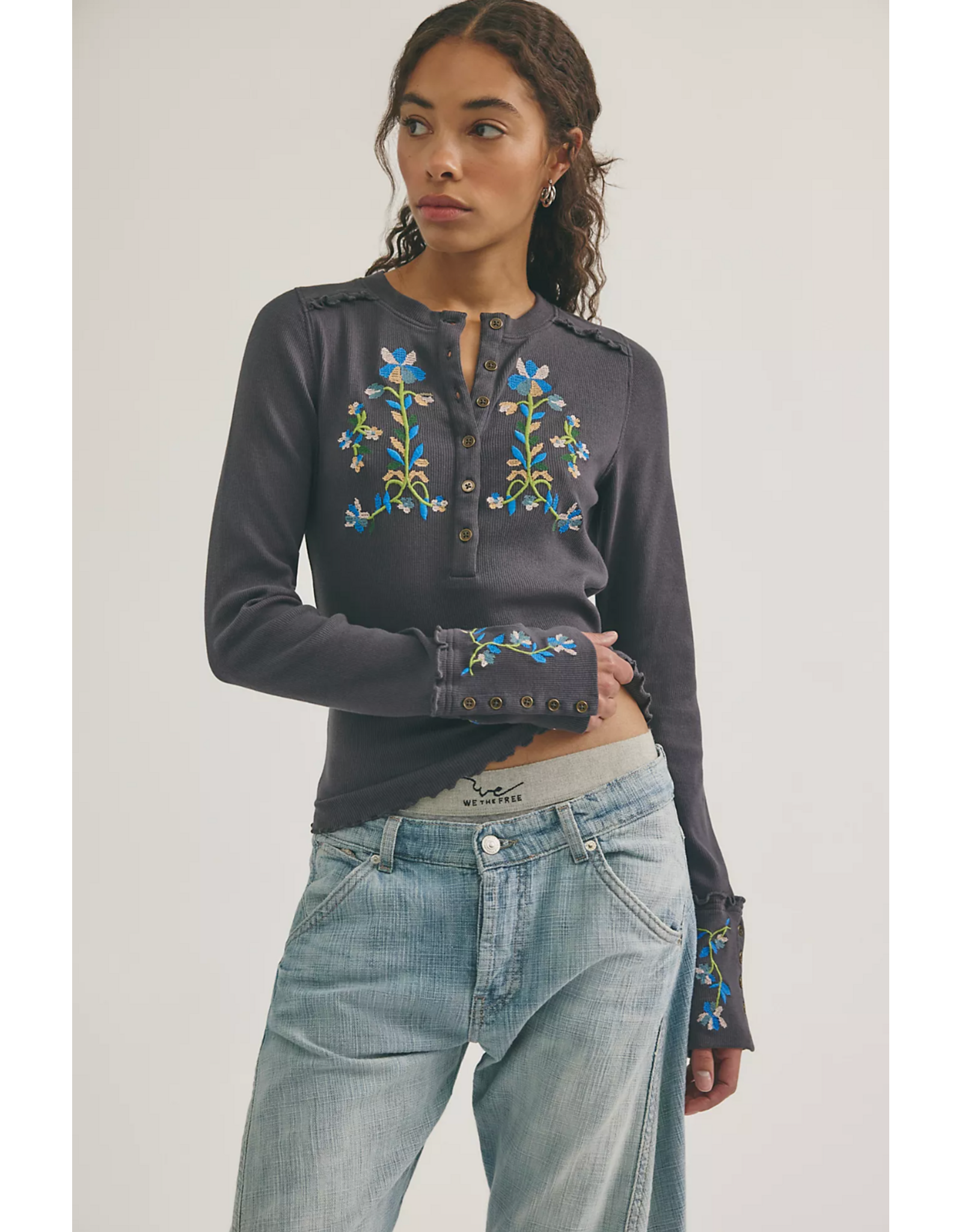 Free people Free People -  Fleur Embroidered Cuff Henley (Graphite Combo)