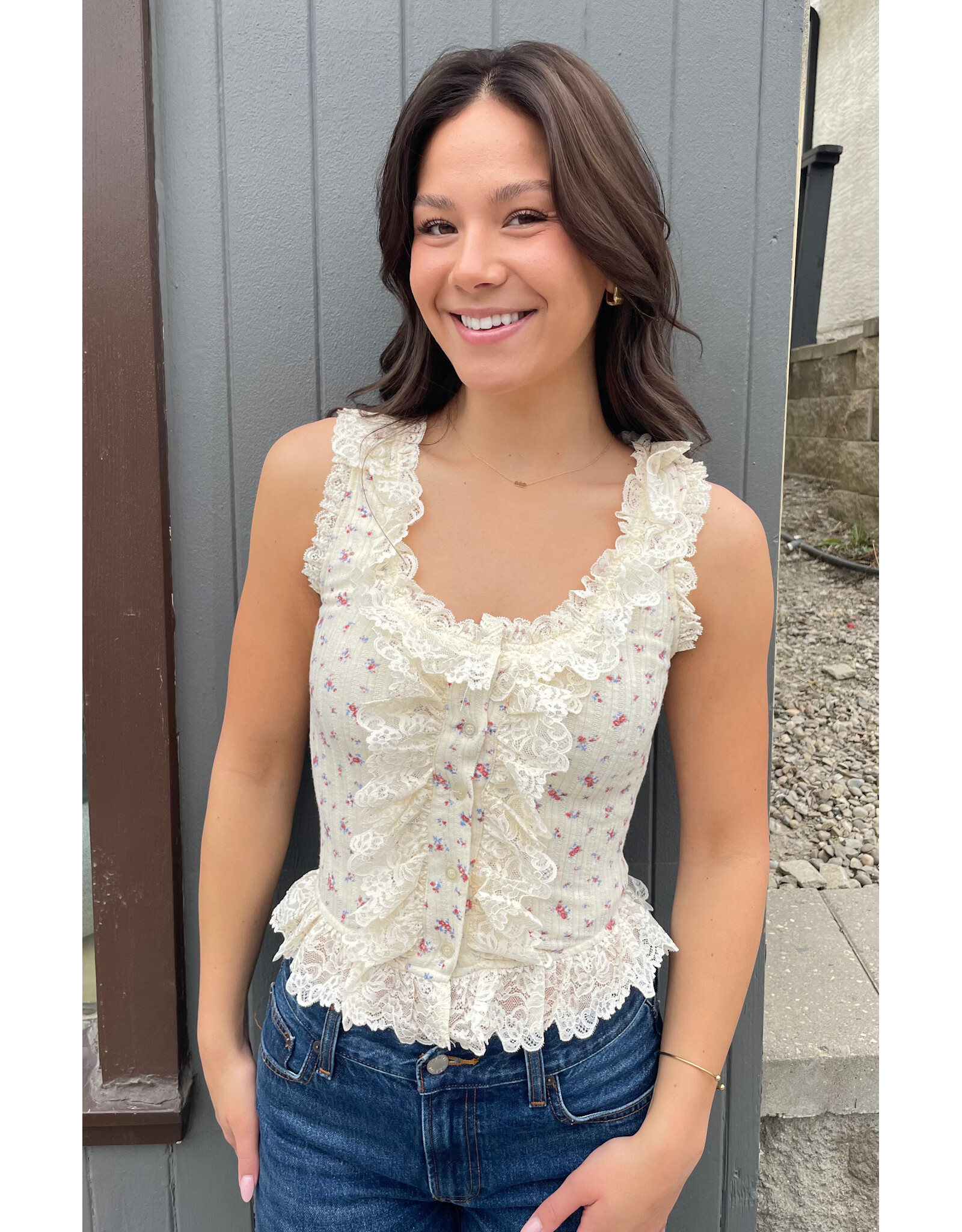 Bailey Rose Floral Ruffle Lace Top with Button Front (Yellow)
