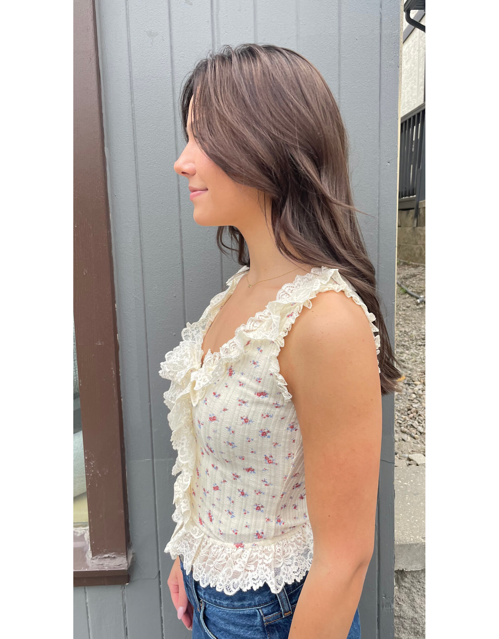 Bailey Rose Floral Ruffle Lace Top with Button Front (Yellow)