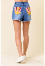 Saints & Hearts Denim Shorts with Sunset Embroidery