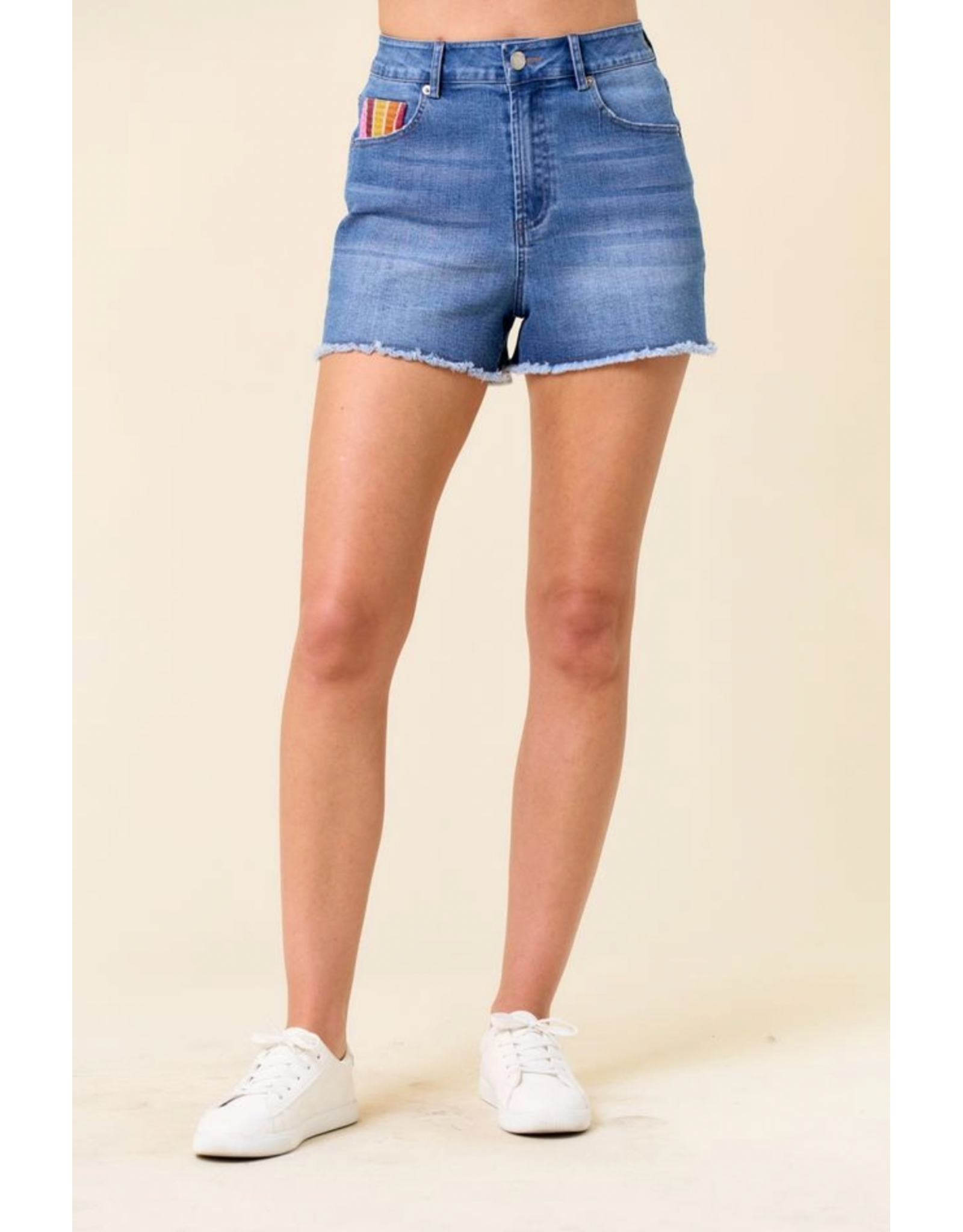 Saints & Hearts Denim Shorts with Sunset Embroidery