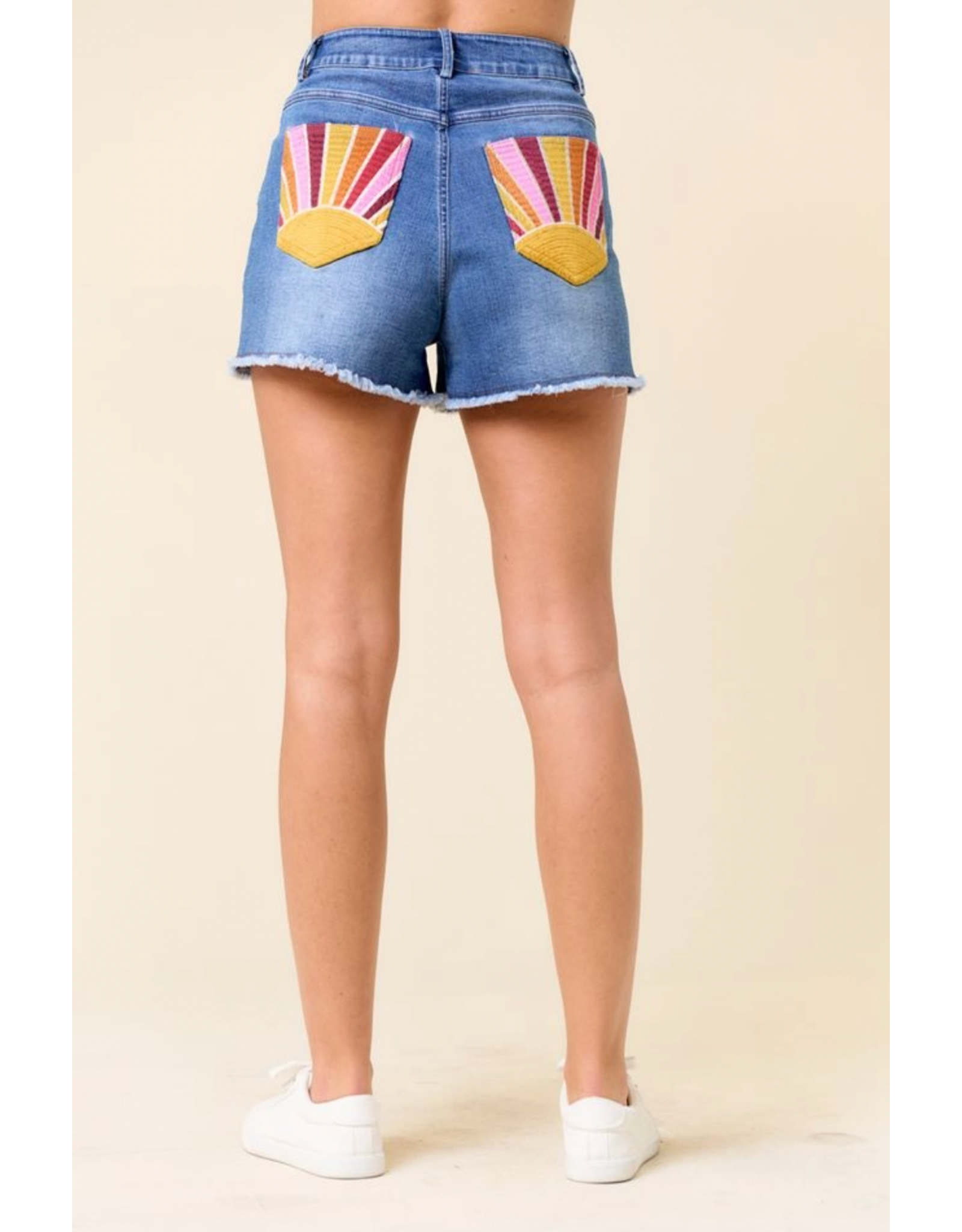Saints & Hearts Denim Shorts with Sunset Embroidery