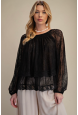 Easel Sheer Lace Open Back Blouse (Black)