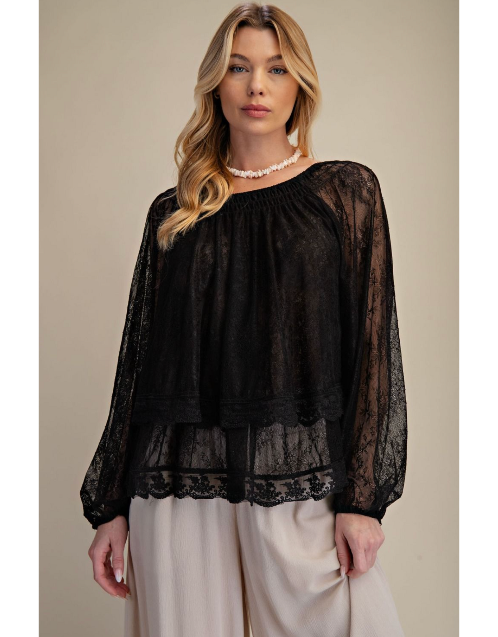 Easel Sheer Lace Open Back Blouse (Black)