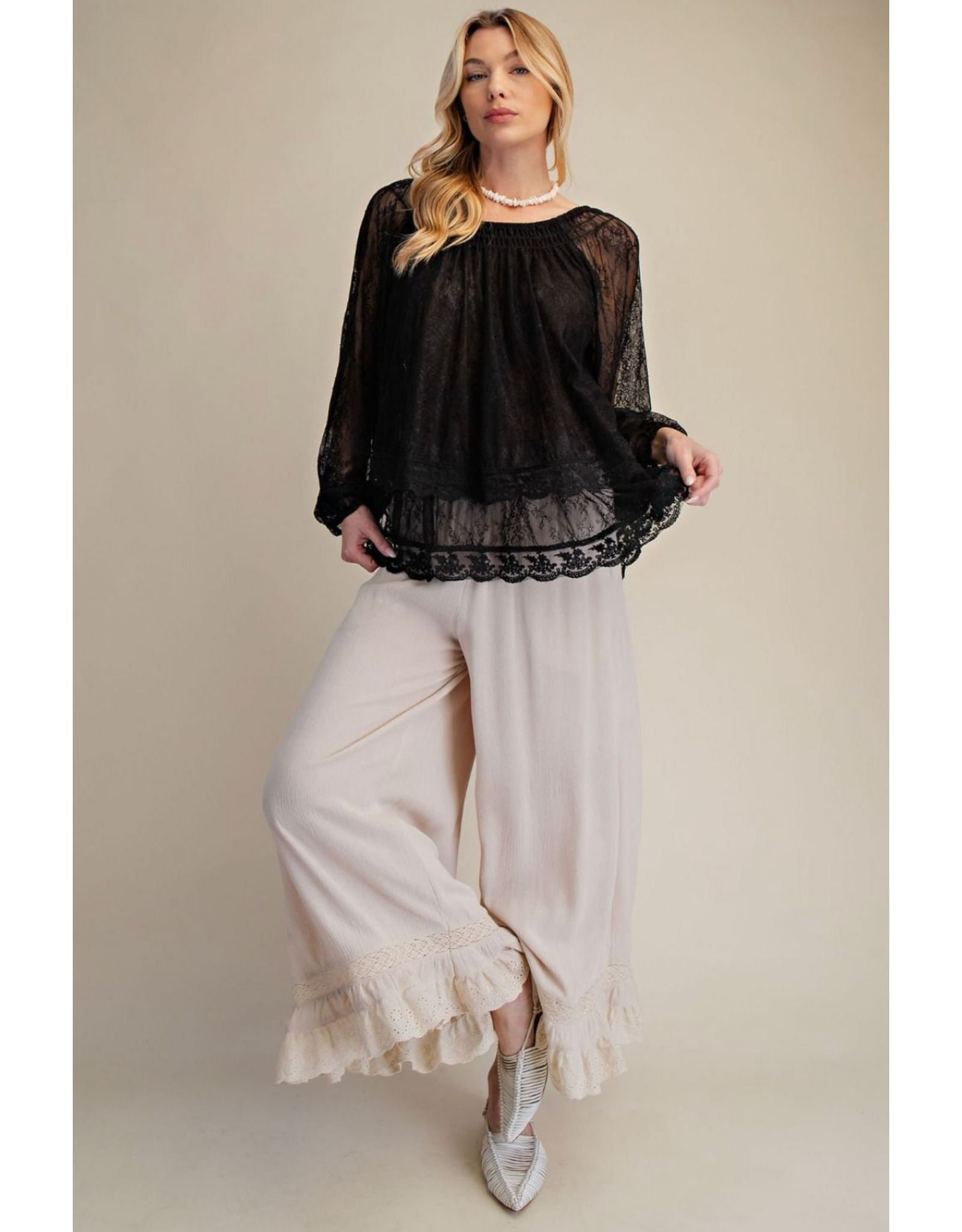 Easel Sheer Lace Open Back Blouse (Black)