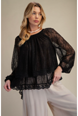 Easel Sheer Lace Open Back Blouse (Black)
