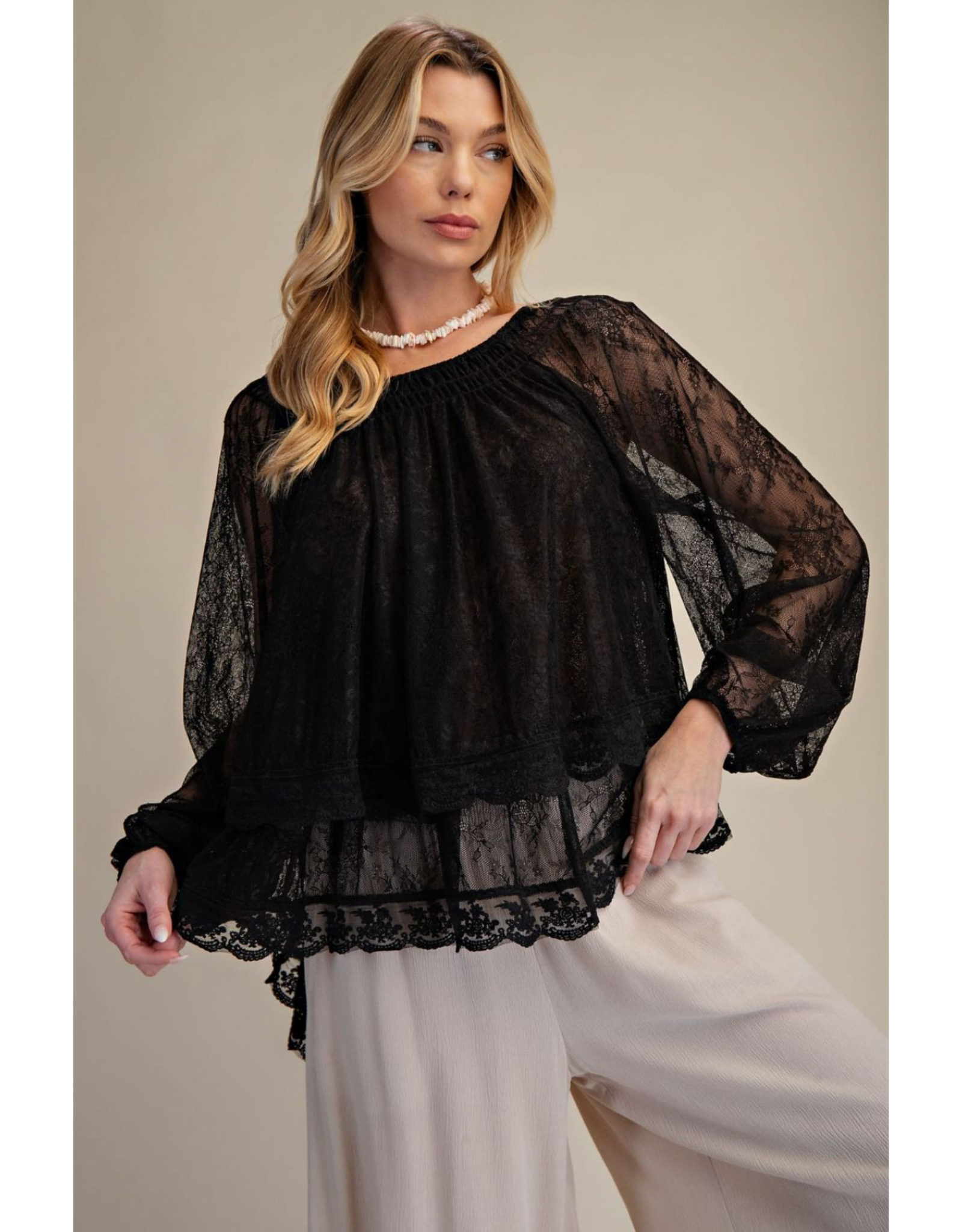 Easel Sheer Lace Open Back Blouse (Black)