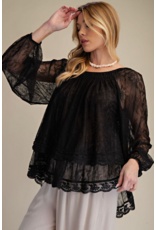 Easel Sheer Lace Open Back Blouse (Black)