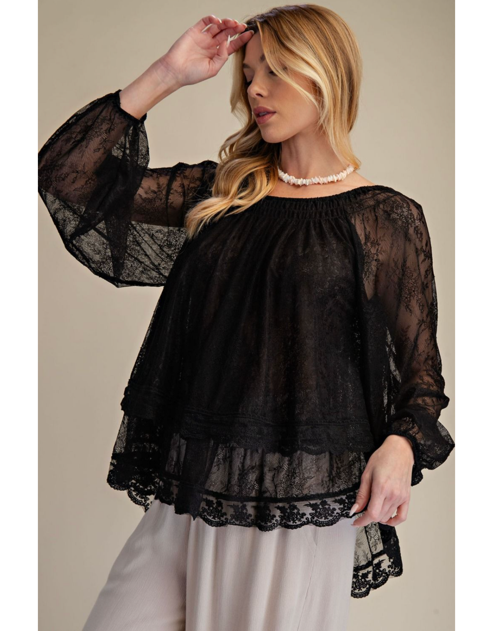 Easel Sheer Lace Open Back Blouse (Black)