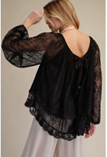 Easel Sheer Lace Open Back Blouse (Black)