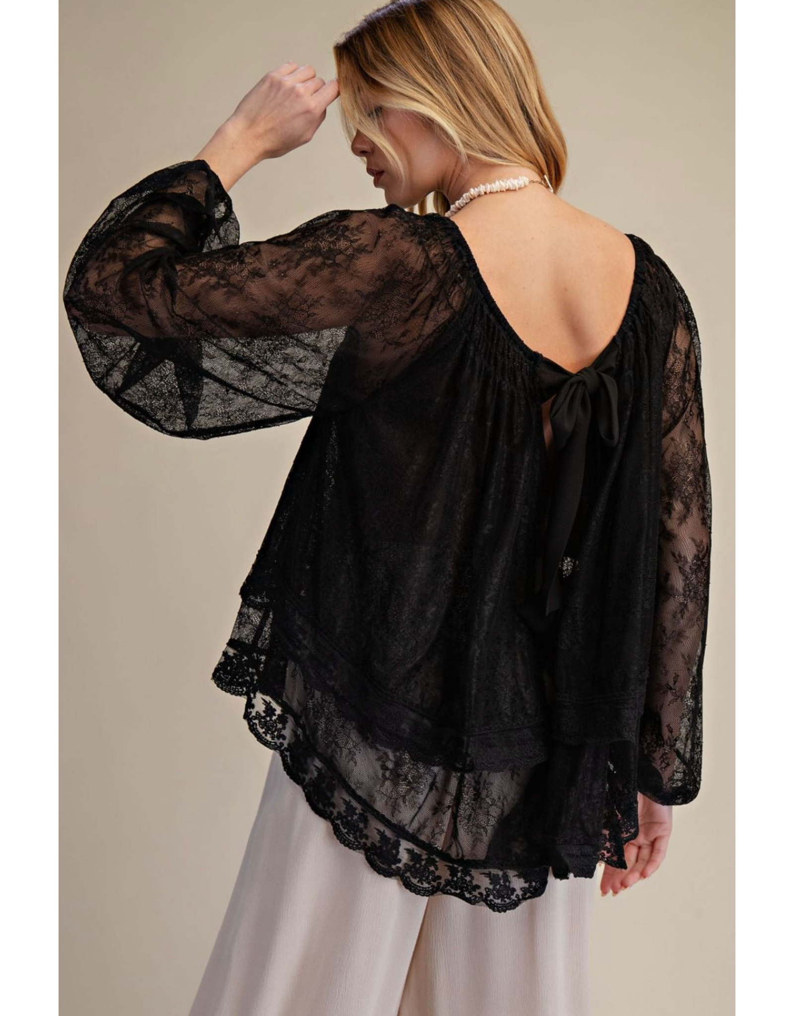 Easel Sheer Lace Open Back Blouse (Black)