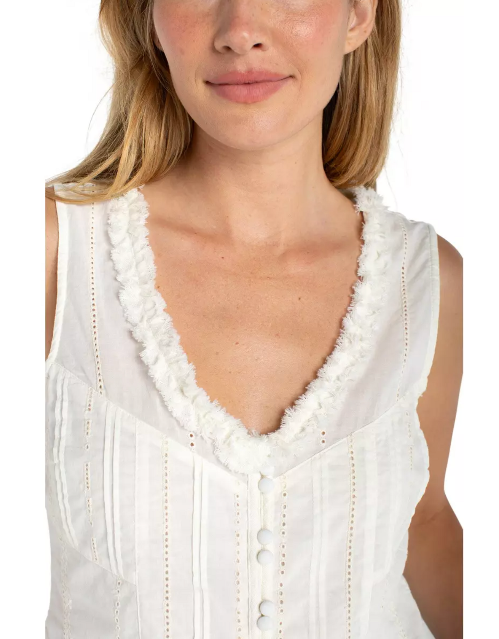 Liverpool Liverpool - Sleeveless Pintucked Top with Ruffles (Cream Stripe)