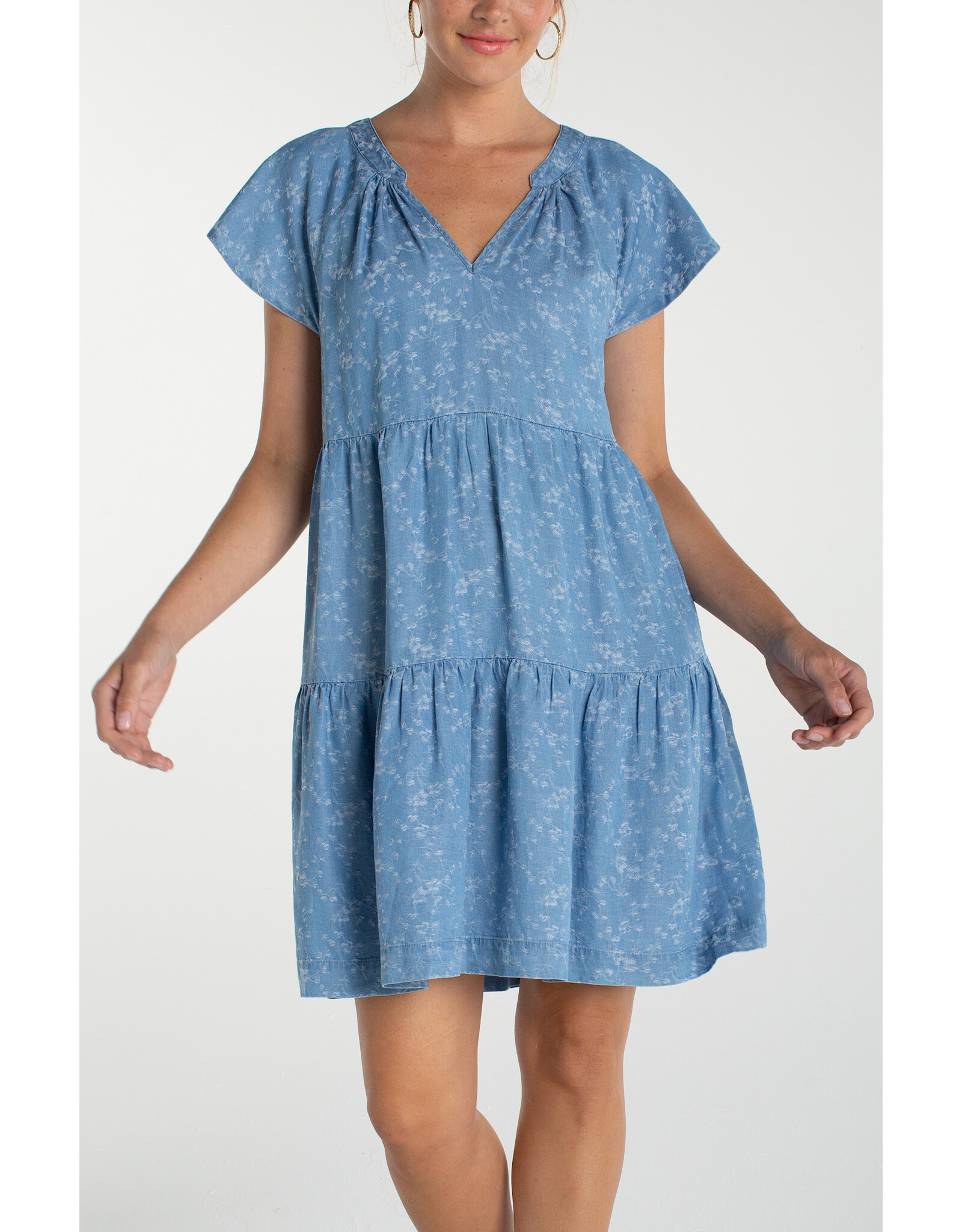 Liverpool Liverpool - Tiered Flutter Sleeve Dress (Indigo Roses)