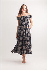 Papillon Papillon - Leaf Print Smocked Off the Shoulder Dress (Navy)