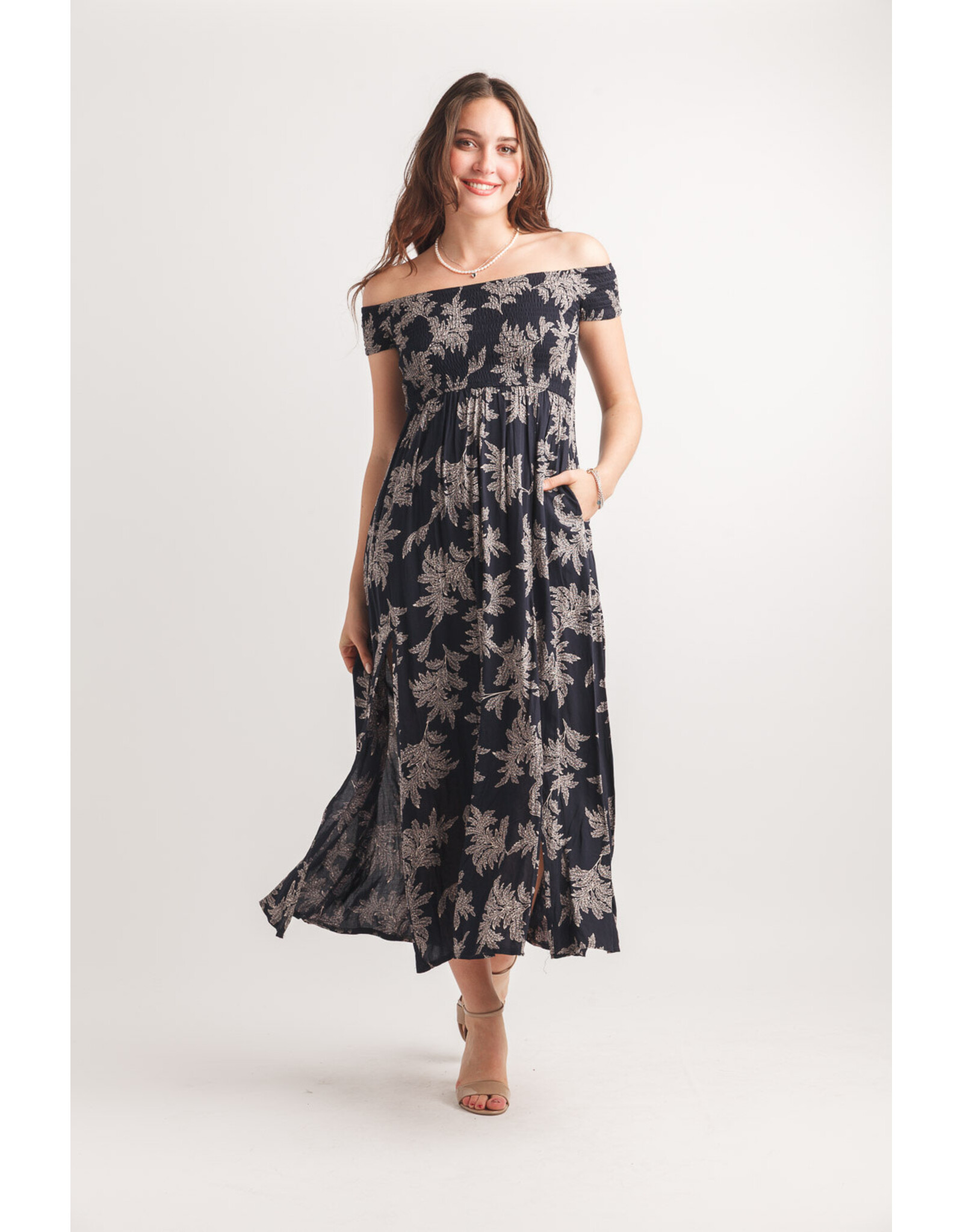 Papillon Papillon - Leaf Print Smocked Off the Shoulder Dress (Navy)