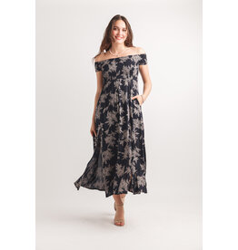 Papillon Papillon - Leaf Print Smocked Off the Shoulder Dress (Navy)