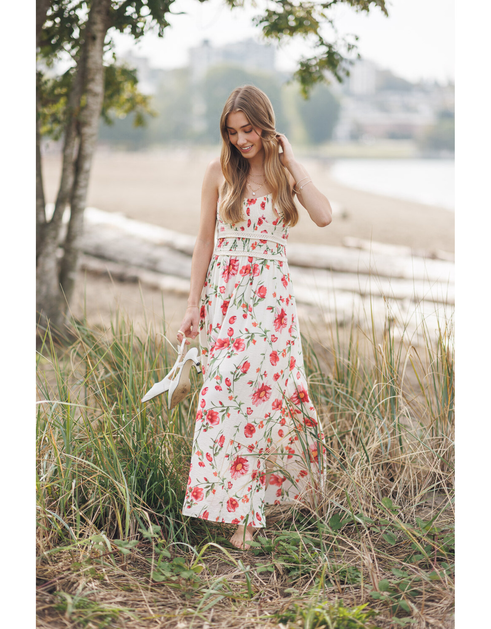 Papillon Papillon - Floral Print Smocked Sleeveless Maxi Dress (Cream)