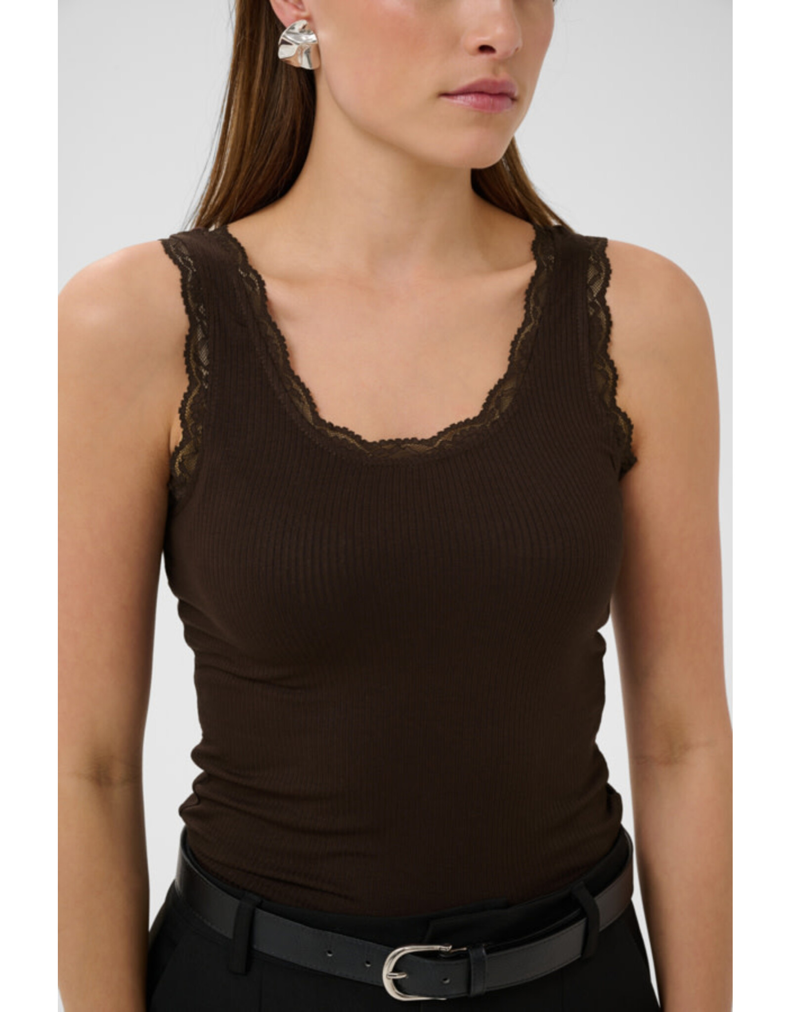 Kaffe Kaffe - Omi Lace Trim Tank (Coffee Bean)