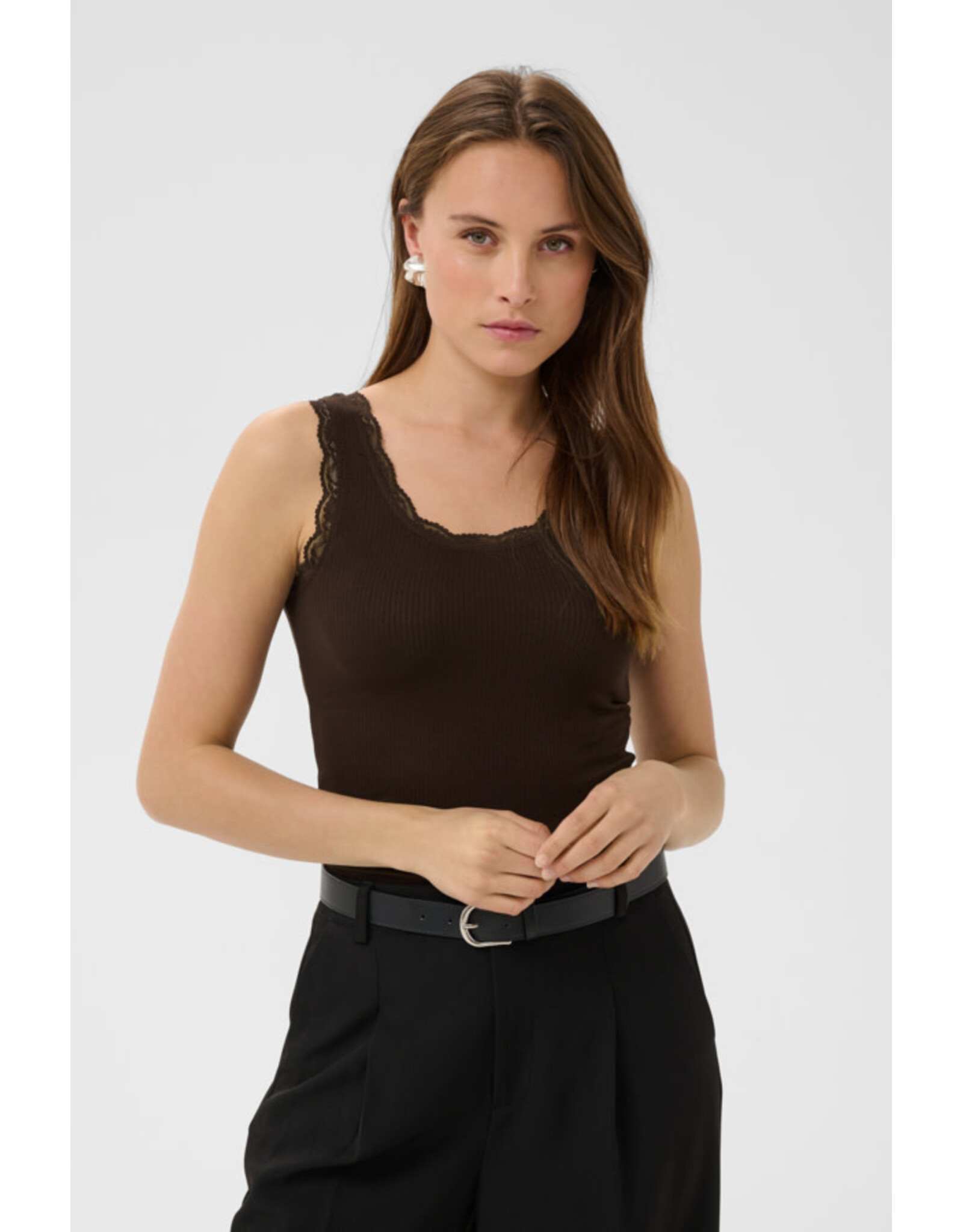Kaffe Kaffe - Omi Lace Trim Tank (Coffee Bean)